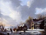 Skaters On A Frozen River Near A 'Koek En Zopie' by Jacobus Van Der Stok